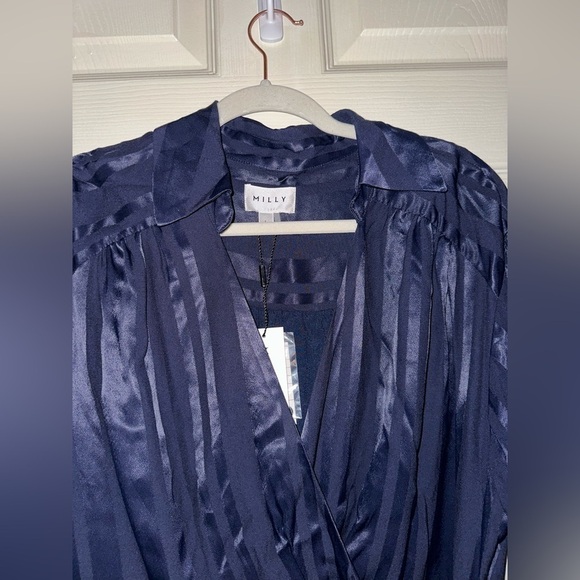 NWT MILLY women’s navy Jordan striped satin faux wrap dress L office formal - Picture 13 of 16
